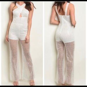 NIP Gorgeous White Sheer Sequin Halter Jumpsuit